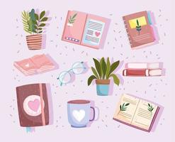 set book botanical textbooks read coffee cup and plants icon vector