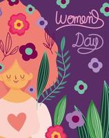 womens day cute woman flowers and leaves in hair decoration cartoon vector