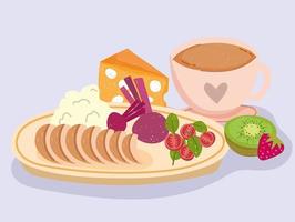 healthy food dinner with vegetalbes fruit coffee cup and meat vector