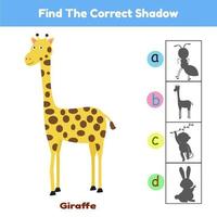 Find The Correct Shadow Game Animal Giraffe Cartoon Illustration Vector