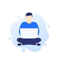 man with laptop sitting in lotus pose or freelancer working vector