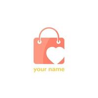 Shop logo with bag and heart vector icon