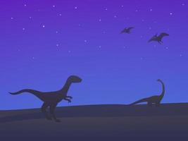 dinosaurios velociraptor saurópodo y pterodáctilos en la ilustración de vector de noche