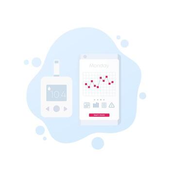 gráfico de niveles de glucosa en la aplicación y glucómetro vector