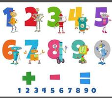 educational numbers set with funny robots characters vector