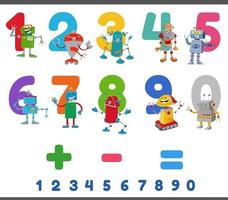 educational numbers set with happy robots characters vector
