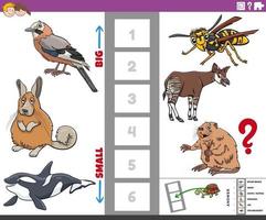 juego educativo con animales de dibujos animados grandes y pequeños. vector