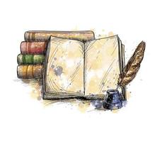 Stack of books open book and quill pen from a splash of watercolor hand drawn sketch Vector illustration of paints