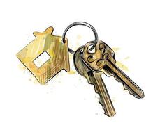 Bunch of keys with house shaped trinket from a splash of watercolor hand drawn sketch Vector illustration of paints