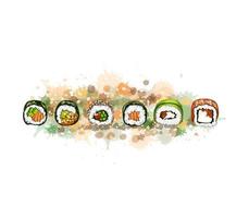 Menú de comida japonesa vegetariana con un toque de acuarela boceto dibujado a mano ilustración vectorial de pinturas vector