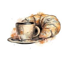 Cup of coffee and a croissant from a splash of watercolor hand drawn sketch Vector illustration of paints