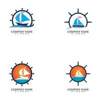 timón de barco y barco volante en el símbolo del logotipo del océano de agua de onda vector