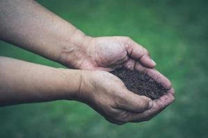 Mujer asiática sosteniendo la materia orgánica de turba mejorar el suelo para el cultivo de plantas hortícolas foto