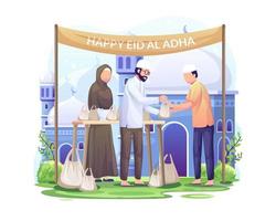 People distribute sacrificial meat on Eid al Adha Happy Celebrate Eid Al Adha Mubarak vector illustration