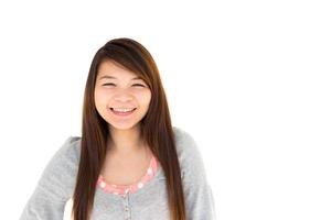 round face and white skin thai hairy woman with gray coat is smiling on white background  Blank area at right side photo