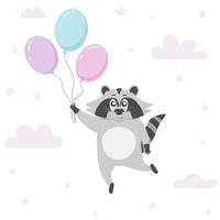 cute raccoon flies on balloons for a nursery vector