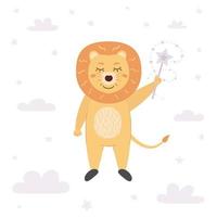 Cute lion cub with a magic wand in pastel colors vector