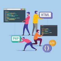 Programmers code the web site on the laptop vector illustration