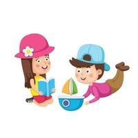 Rest and hobby of children reading book and playing with toy vector