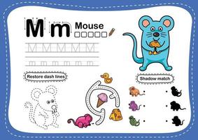 Alfabeto letra m ejercicio de ratón con vector de ilustración de vocabulario de dibujos animados