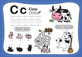 Alfabeto letra c ejercicio de vaca con vector de ilustración de vocabulario de dibujos animados