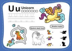 Alfabeto letra u ejercicio de unicornio con vector de ilustración de vocabulario de dibujos animados