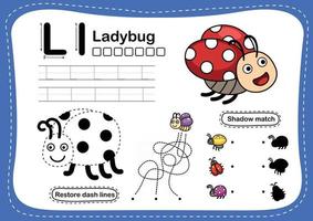 Alphabet Letter L ladybug exercise with cartoon vocabulary illustration vector