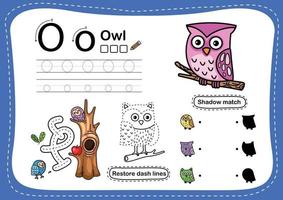 Alphabet Letter O owl exercise with cartoon vocabulary illustration vector