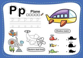 Ejercicio de avión de la letra p del alfabeto con vector de ilustración de vocabulario de dibujos animados