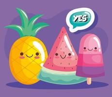 lindas pegatinas de piña con sandía y helado personajes kawaiis vector