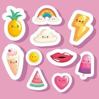 bundle of ten kawaii stickers characters vector