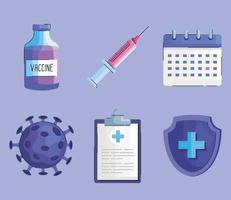 bundle of six vaccine vial bottle and covid19 set icons vector