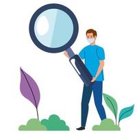 man wearing medical mask character with magnifying glass vector