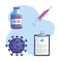 bundle of four vaccine vial bottle and covid19 set icons vector