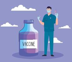 doctor with vaccine vial bottle covid19 icon