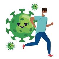 man wearing medical mask running with covid19 particles comic characters vector