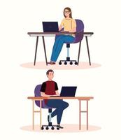 young couple freelancers workers characters using laptops vector