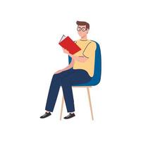 man wearing eyeglasses reading text book seated in chair vector