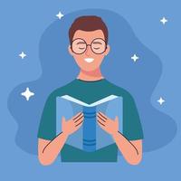 Hombre que llevaba anteojos leyendo un libro de texto con estrellas vector