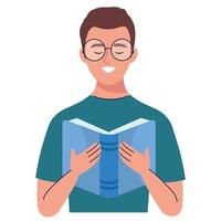 hombre que llevaba anteojos leyendo un libro de texto vector