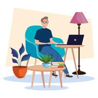 young male freelancer worker seated in sofa using laptop vector