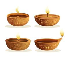 Happy diwali diya candles set isolated vector design