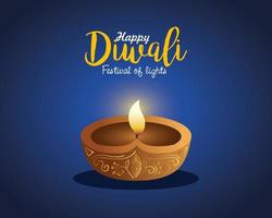 feliz diwali diya vela sobre fondo azul diseño vectorial vector