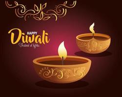 Happy diwali diya candles with ornament on purple background vector design