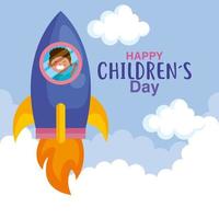 Happy childrens day with boy in rocket vector design