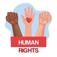 Derechos humanos con puños y mano con diseño de vector de corazón