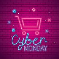 cyber monday with cart neon on bricks background vector design