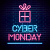 Cyber Monday con neón de regalo en diseño de vector de fondo de ladrillos