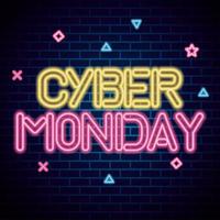 Cyber Monday neon en diseño de vector de fondo de ladrillos