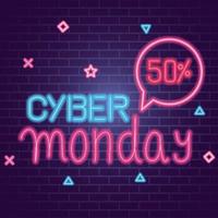 Cyber Monday con 50 neón de venta en diseño de vector de fondo de ladrillos